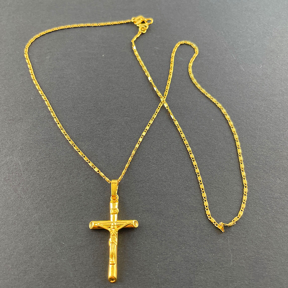 ยี่ห้อใหม่แท้สร้อยคอทอง24K Gold Plated Cross สร้อยคอผู้หญิงผู้ชายคู่ของขวัญเครื่องประดับ