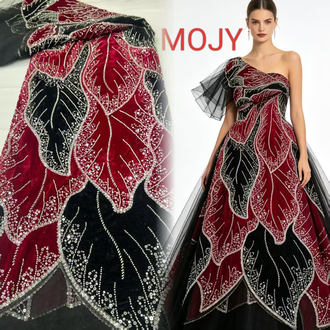 Luxuriöser burgunderroter schwarzer Samtstoff mit Blattstickerei, Kristall-Strass-Perlen-Tüllspitze für Hochzeitsfeier, formelles Abendkleid