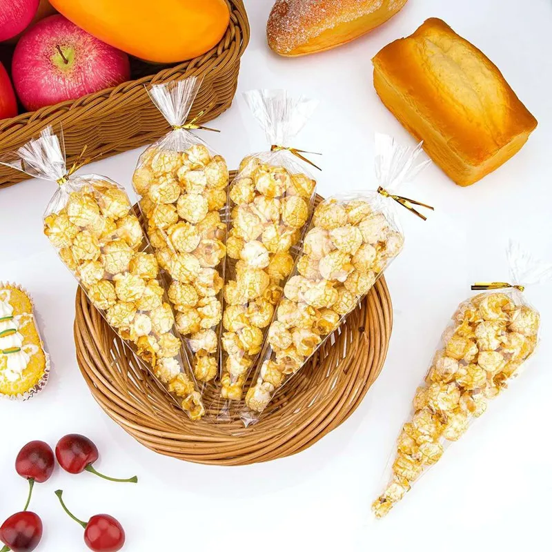 Sacchetti per dolcetti a cono da 50/100 pezzi, sacchetti di caramelle fai da te, sacchetti di Cellophane trasparenti con cravatte intrecciate per dolcetti, Popcorn, caramelle, bomboniere