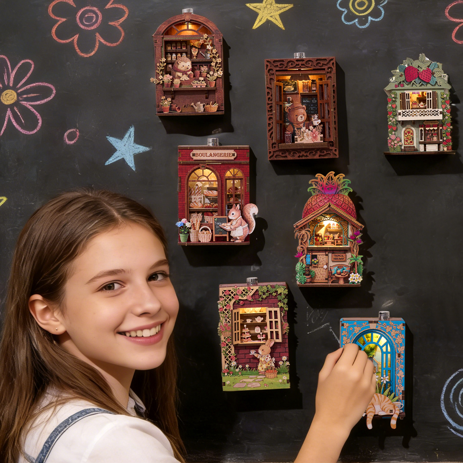 Magnet Kulkas DIY Kit Sudut Buku 3D Puzzle Mainan Rumah Boneka Toko Hewan Miniatur Furnitur Rumah Model Perakitan Kreatif Dekorasi