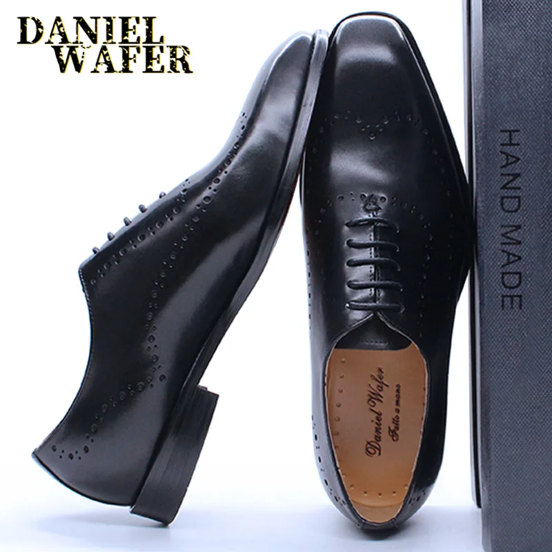 Sapatos masculinos de couro genuíno oxford brogue clássico preto/marrom ponta de asa com cadarço sapatos formais para escritório de casamento