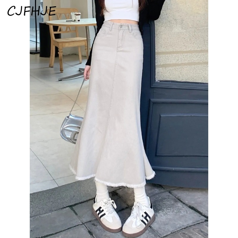 CJFHJE New Women Fashion Solid Color Fur Edge Trumpet Long Skirt Korean Versatile Vintage High Waist Mermaid Denim Skirt Spring