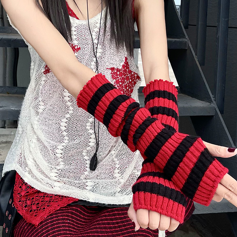 Aquecedores de braço feminino de malha comprida, mangas estilo gótico, mangas listradas, moda Harajuku de meninas, luvas de pulso, inverno, Y2K