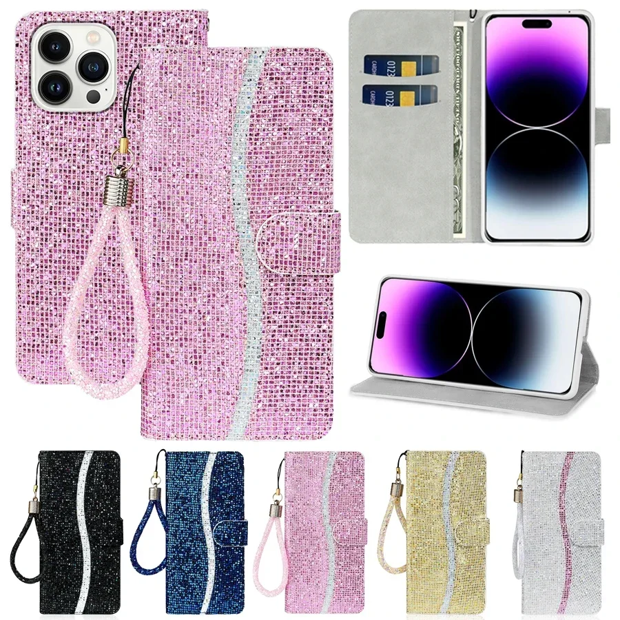Funda de cuero con tapa magnética tipo billetera anticaída con purpurina para iPhone Air 17 Pro Max 16e 15 Plus 14 13 12 11 XR con funda con correa de mano