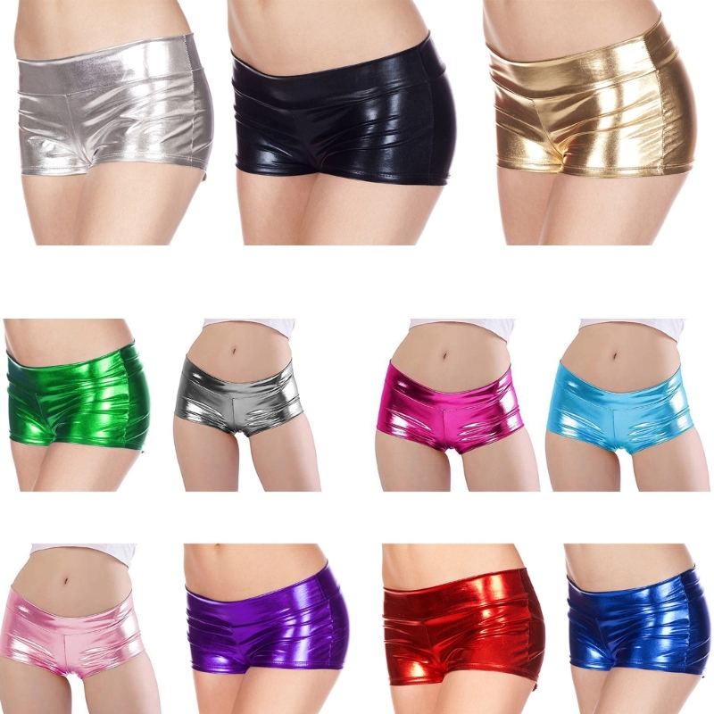 ผู้หญิง METALLIC กางเกงขาสั้น Booty Shining ต่ำเอวกางเกงขาสั้นเทศกาลเต้นรำกางเกงหนัง Faux ร้อนกางเกง Clubwear ของขวัญ