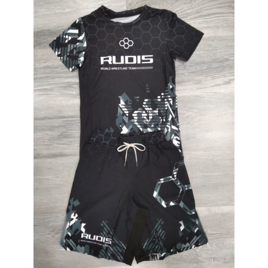 Conjunto Esportivo Masculino/Infantil Estilo Luta com Estampa Colmeia para Verão: Rash Guard e Shorts de Secagem Rápida, Respirável, Uniforme de Treino Atlético