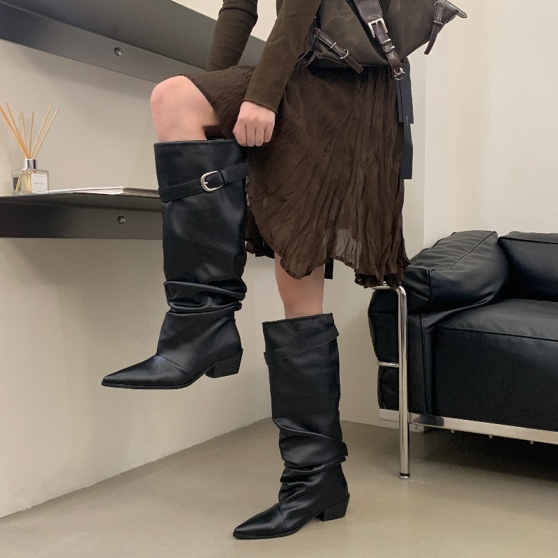 Eilyken Punk Style Pleated Belt Buckle Women Knee-High Boots Autumn Winter Fashion Pointed Toe Square Low Heels Shoes