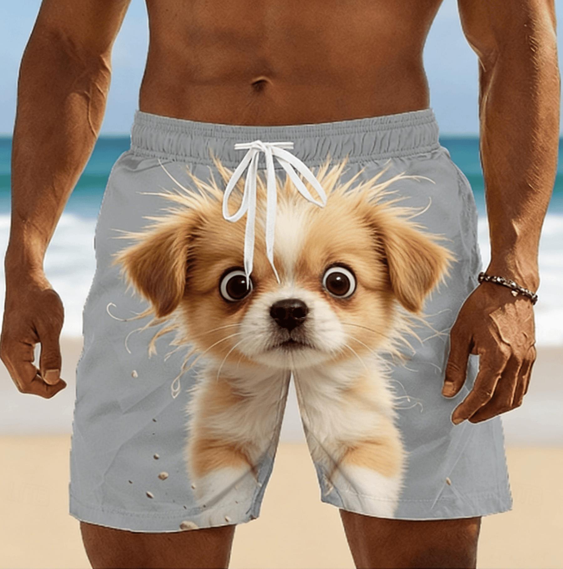 Shorts de Praia Masculinos com Estampa Criativa de Olhos Grandes de Animais, Tendência Primavera Verão para Férias ao Ar Livre
