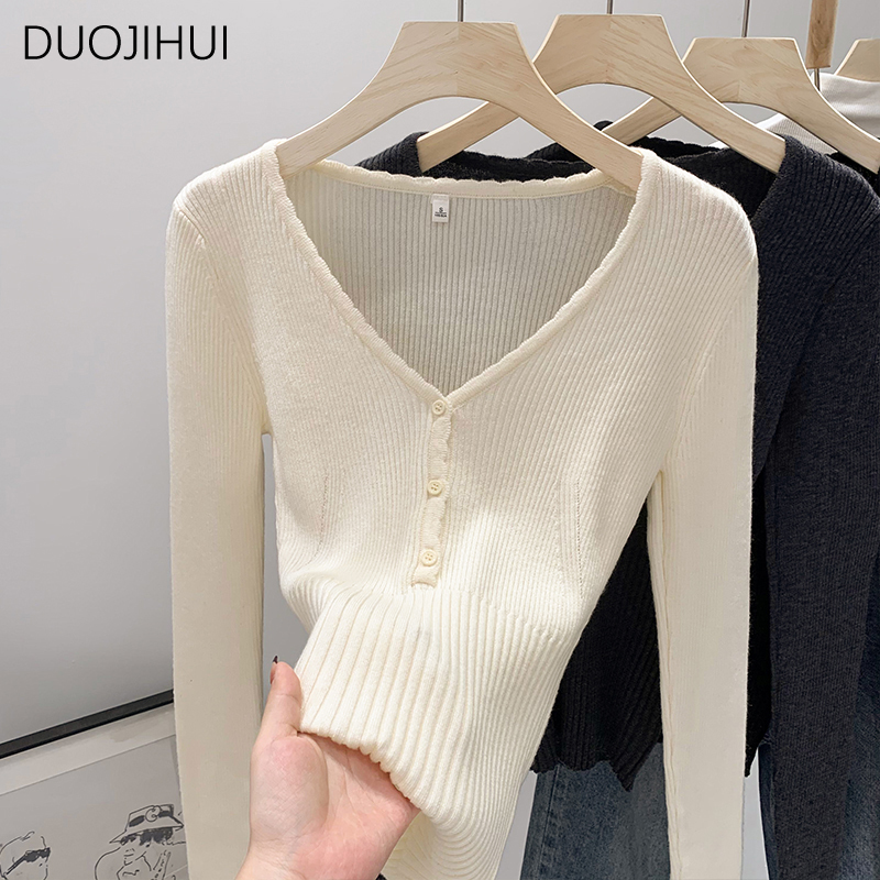 DUOJIHUI French Chicly V-neck Knitting Slim Female Pullovers Autumn Basic Long Sleeve Fashion Solid Color Simple Women Pullovers