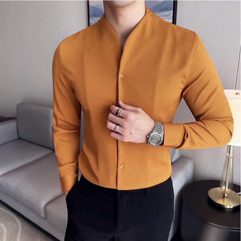 เสื้อเชิ้ตคอวีสไตล์จีนใหม่ แขนยาว ทรงเข้ารูป สำหรับผู้ชาย สไตล์ลำลอง ธุรกิจ คอตั้ง คุณภาพสูง เสื้อเชิ้ตเดรส ไซส์ 4XL-M
