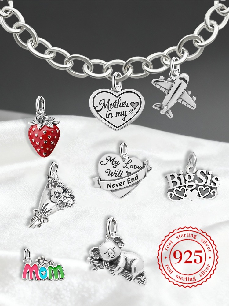 Pingentes Vintage Ajustáveis em Prata Esterlina 925, Charms de Avião e Morango, Compatíveis com Pulseiras e Colares Originais, Joias DIY