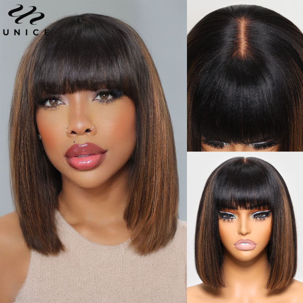 Unice balayage destaque yaki em linha reta bob peruca de cabelo humano com franja parte média 4x2 laço peruca sem cola 150% densidade