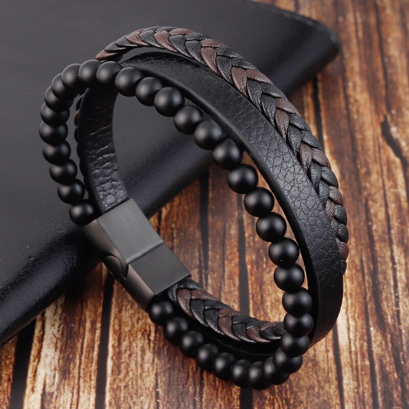 Pulsera de cuero clásica de alta calidad para hombre, pulsera de cuero multicapa con cuentas de obsidiana, regalo de joyería