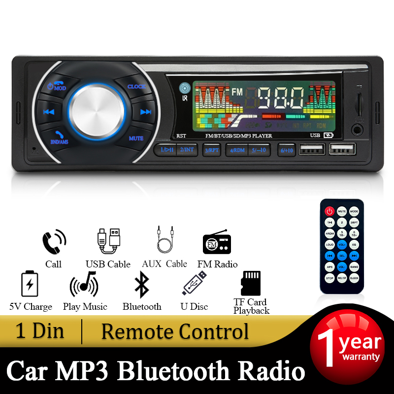 SINOVCLE coche 1din Audio Radio Bluetooth reproductor de MP3 estéreo receptor FM 12V soporte carga de teléfono AUX/USB/tarjeta TF en Kit de tablero