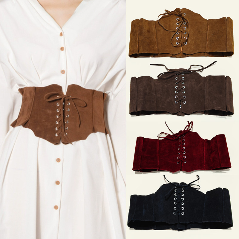 Cinturón de corsé de cuero Pu de gamuza bohemia para mujer, cinturón envolvente estilo Obi, faja negra, cinturón vaquero occidental marrón