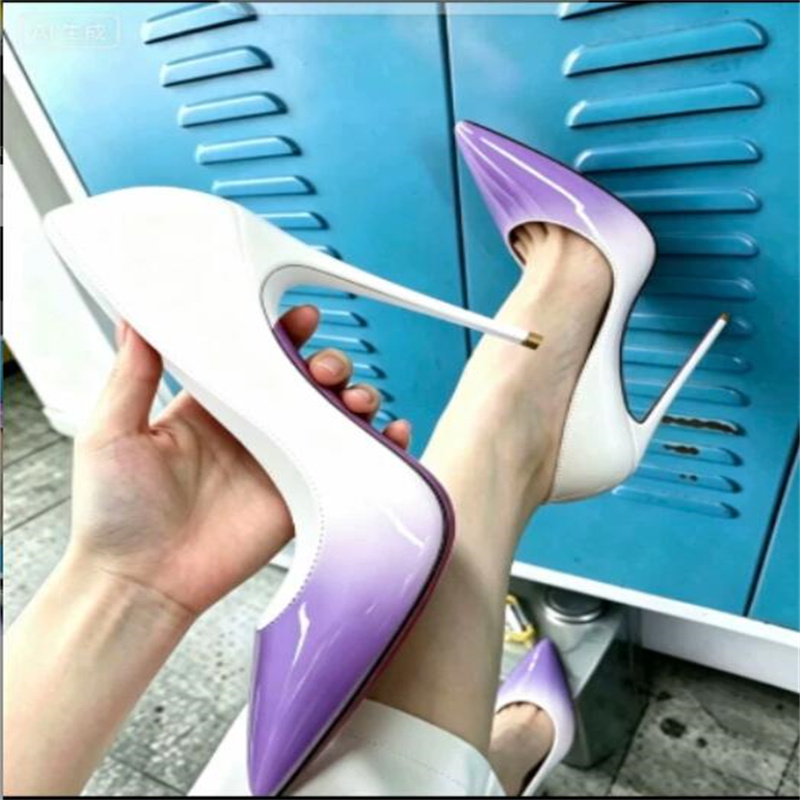 Nieuwkomer Puntige Neus Stiletto Hak Schoenen Rood Zwart Blauw Paars Roze Gradiënt Kleuren Ondiepe Party Pumps Basis Dunne Hoge Hak