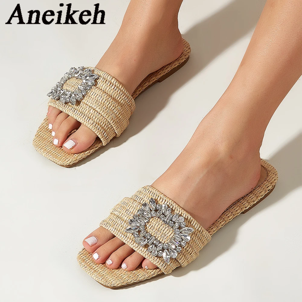 Aneikeh, moda informal de verano, caña de cabeza cuadrada, tacones planos tejidos para mujer, zapatillas, sandalias de cristal de fondo plano, chanclas de playa