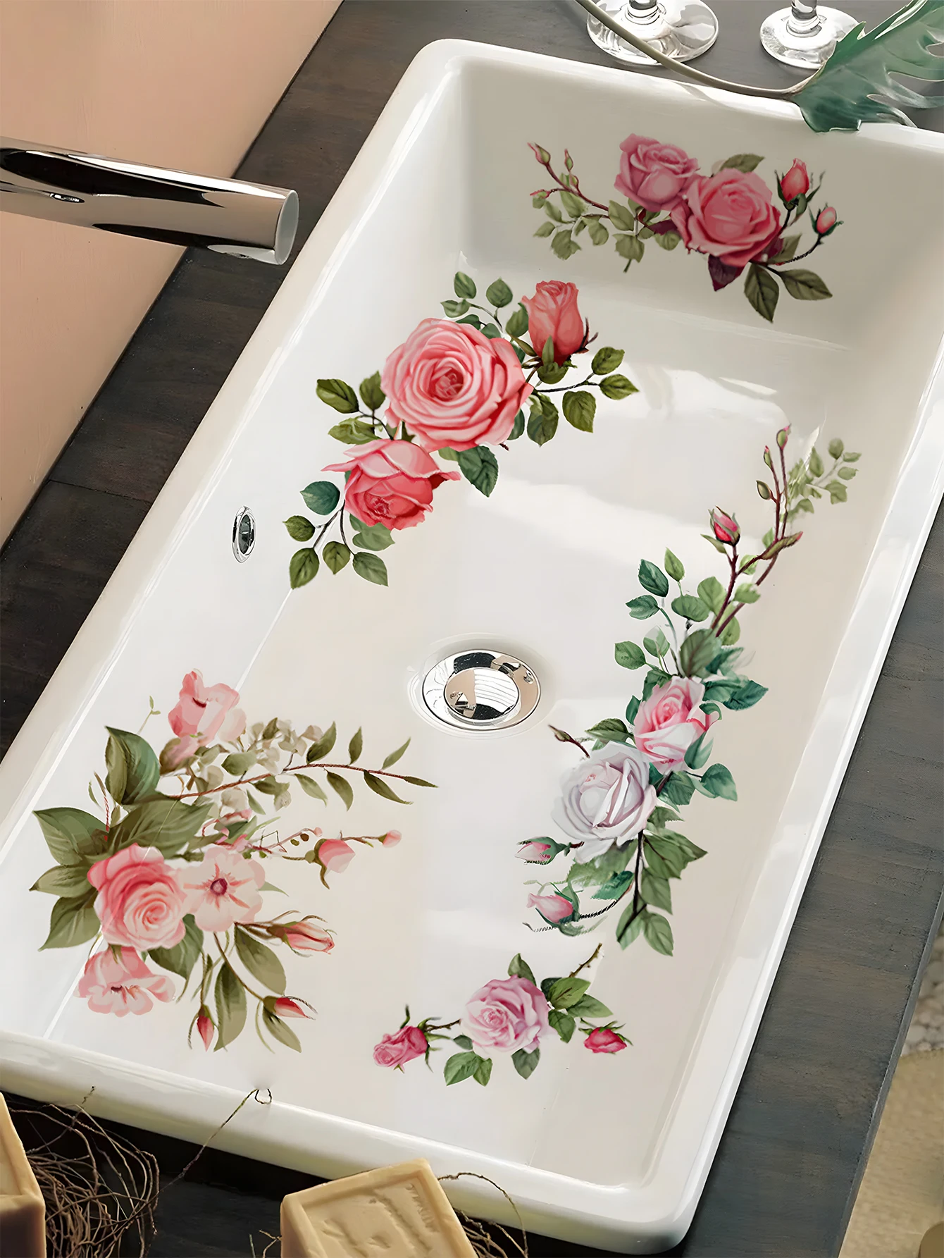 1PC, Multi-Color Rose Flower Pattern Waterproof and Non-Slip Self-Adhesive Bathroom Washbasin Toilet Decoration Sticker