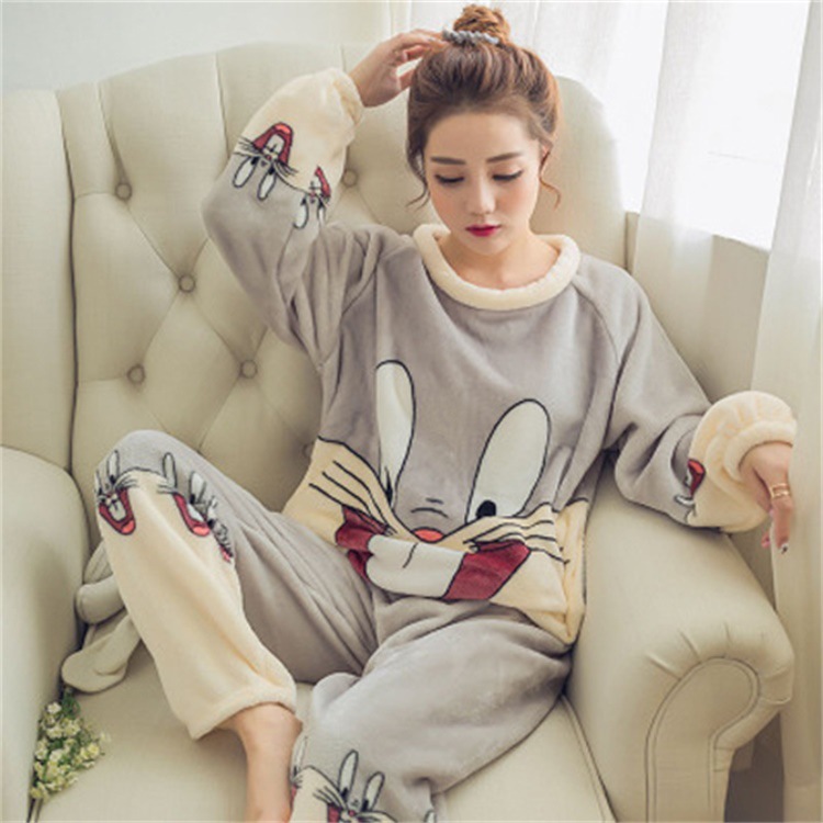 Women's Sleepwear round Neck Thickened Flannel Home Clothes Set Cartoon Patterned Korean Style Winter Seasonal Pajamas