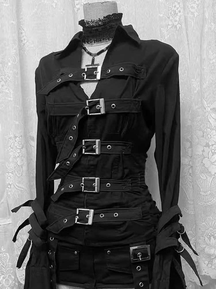 Koszula w stylu Y2K, czarna, gotycka, damska, z metalowymi klamrami, długi rękaw, koreańska, w stylu hot girl, punkowa kurtka z charakterem.