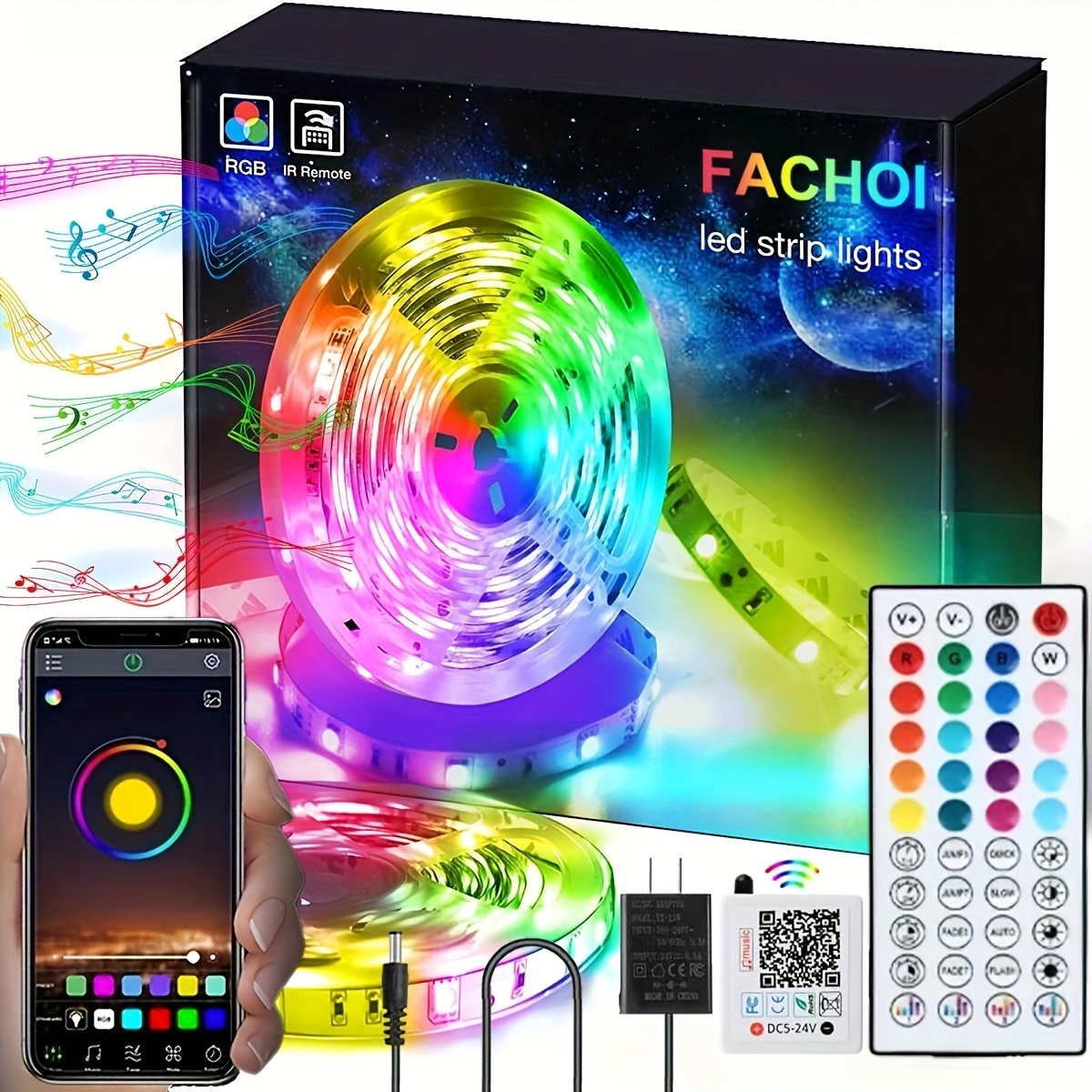 Luzes LED Strip com controle remoto e telefone App, luzes de corda, cor-mudança, RGB, música Sync, 16ft, 49ft, 98ft, 192 Key