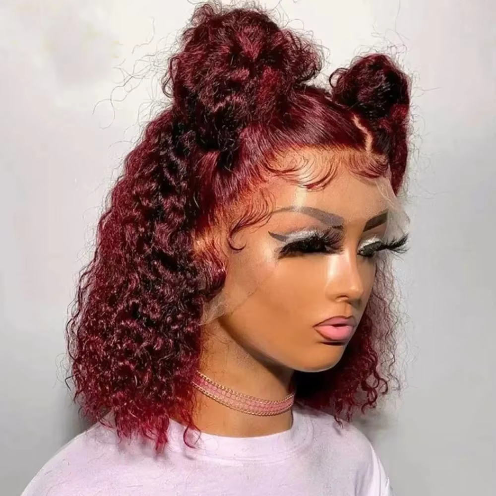 Peluca frontal de encaje 13x4, bob corto, rizado kinky, pre-arrancada, cabello humano 99J con ondas profundas, peluca bob de encaje frontal color burdeos.