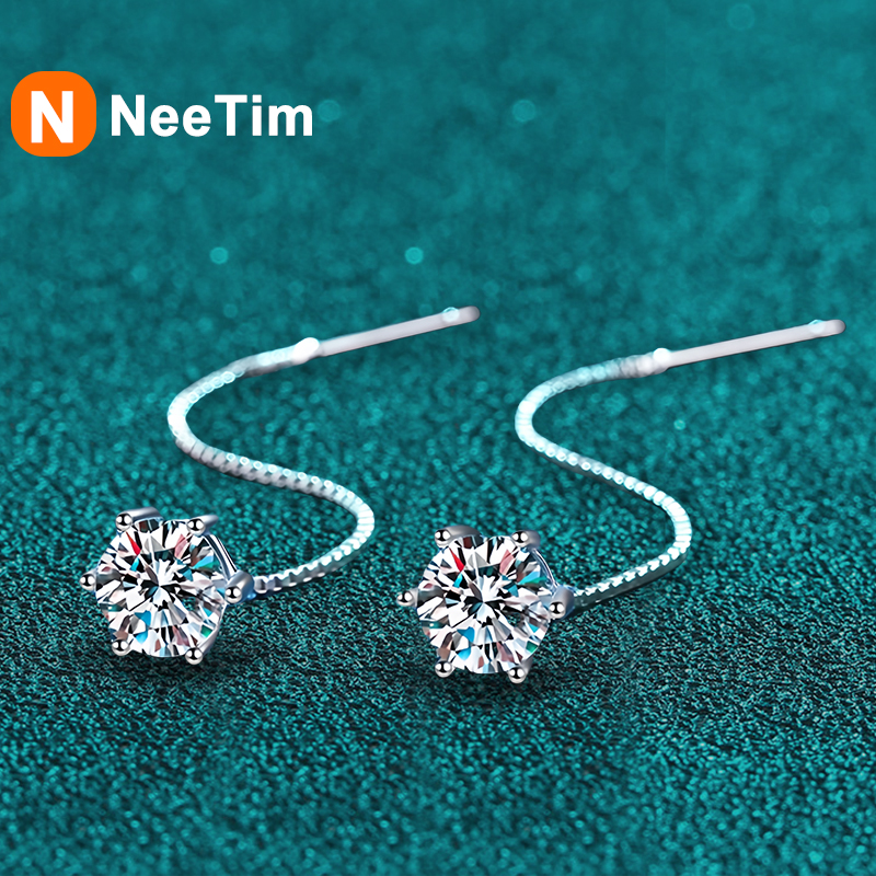 NeeTim 1CT Moissanite boucles d'oreilles S925 argent Sterling plaqué avec or blanc oreille fil ligne goutte boucle d'oreille cerceau mariage bijoux fins