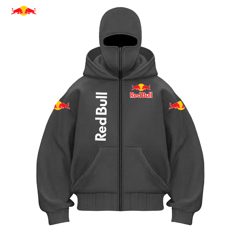 Мужская толстовка на молнии с логотипом RedBull, зимняя теплая повседневная толстовка с маской для лица с капюшоном, дизайн на молнии, спортивная куртка для активного отдыха