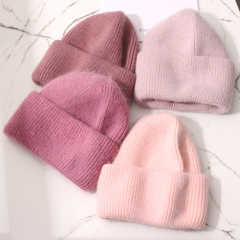 Mùa Đông Thật Lông Thỏ Dệt Kim Beanies Cho Phụ Nữ Thời Trang Chắc Chắn Ấm Len Cashmere Skullies Beanies Nữ Ba Gấp Gọn Dày Nón