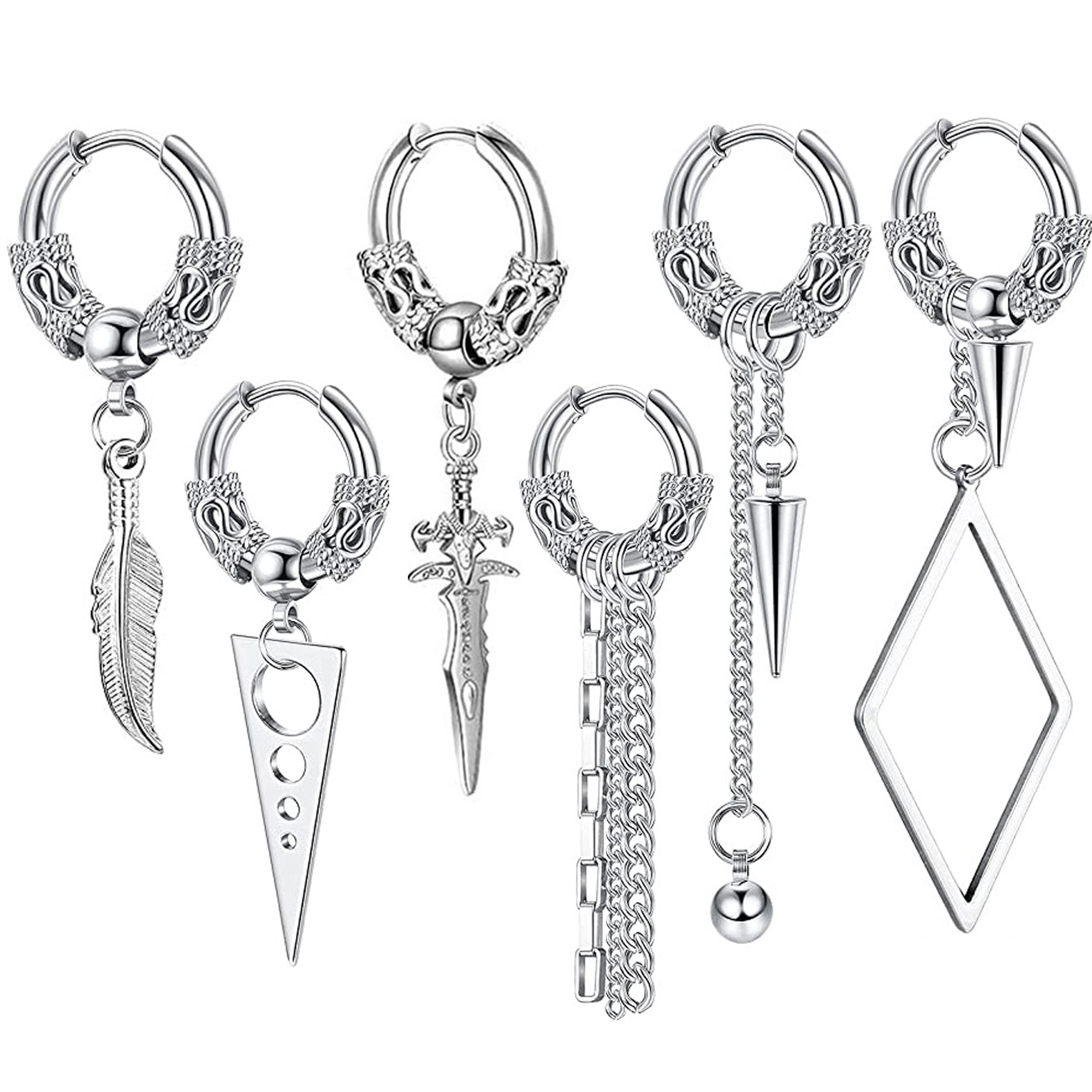 Boucles d'oreilles Huggie Hoop en acier inoxydable, Punk Hip Hop, Vintage, plume, pointe croisée, épée, Triangle, boucles d'oreilles pendantes pour hommes et femmes