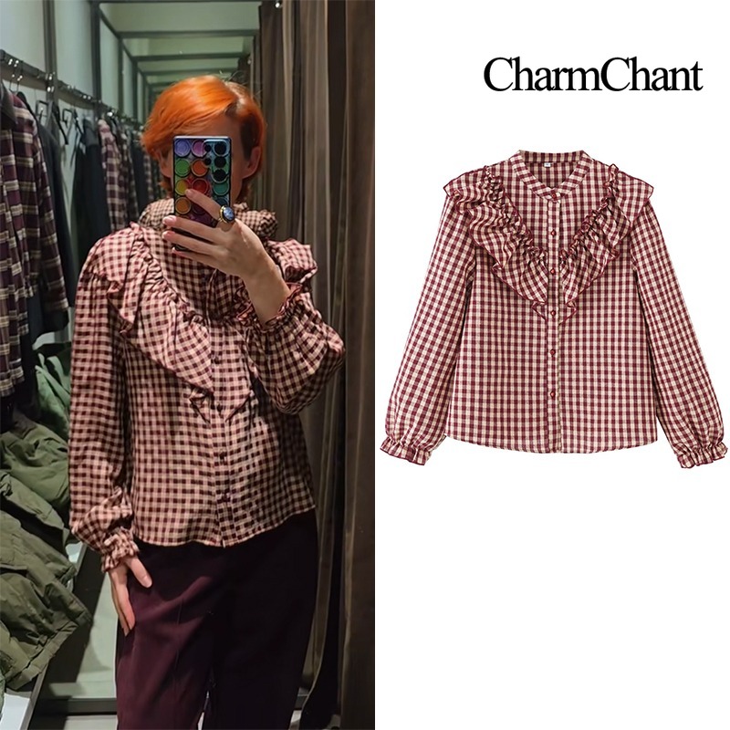 CharmChant Dames Katoenen Blouse Met Bladerdeeg Mouw Ruches Lente 2026 Chique Retro Lange Mouw Gingham Stand Kraag Shirt Tops Voor Vrouw