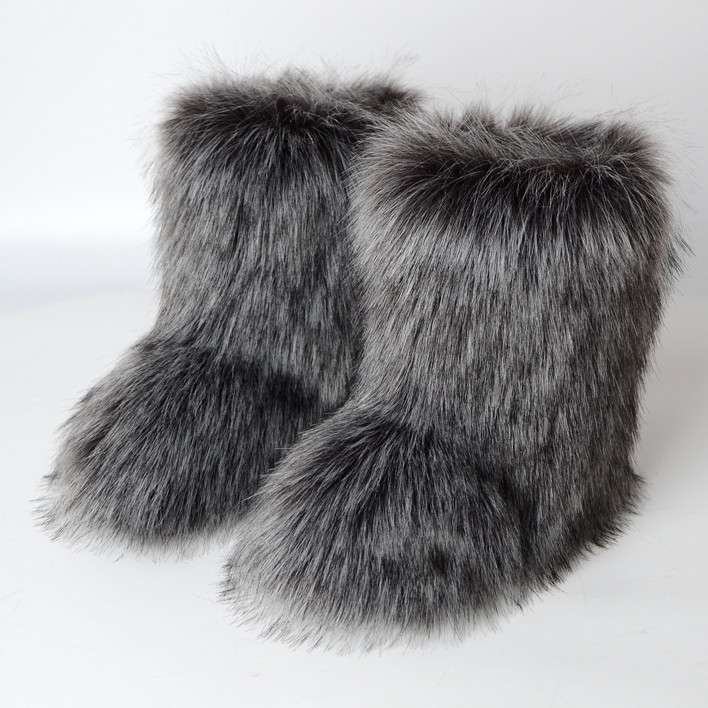 Botas de piel sintética para mujer, botas de nieve cálidas y esponjosas, calzado de lujo, botas de piel de zorro peludas, zapatos de invierno a la moda, novedad de 2023