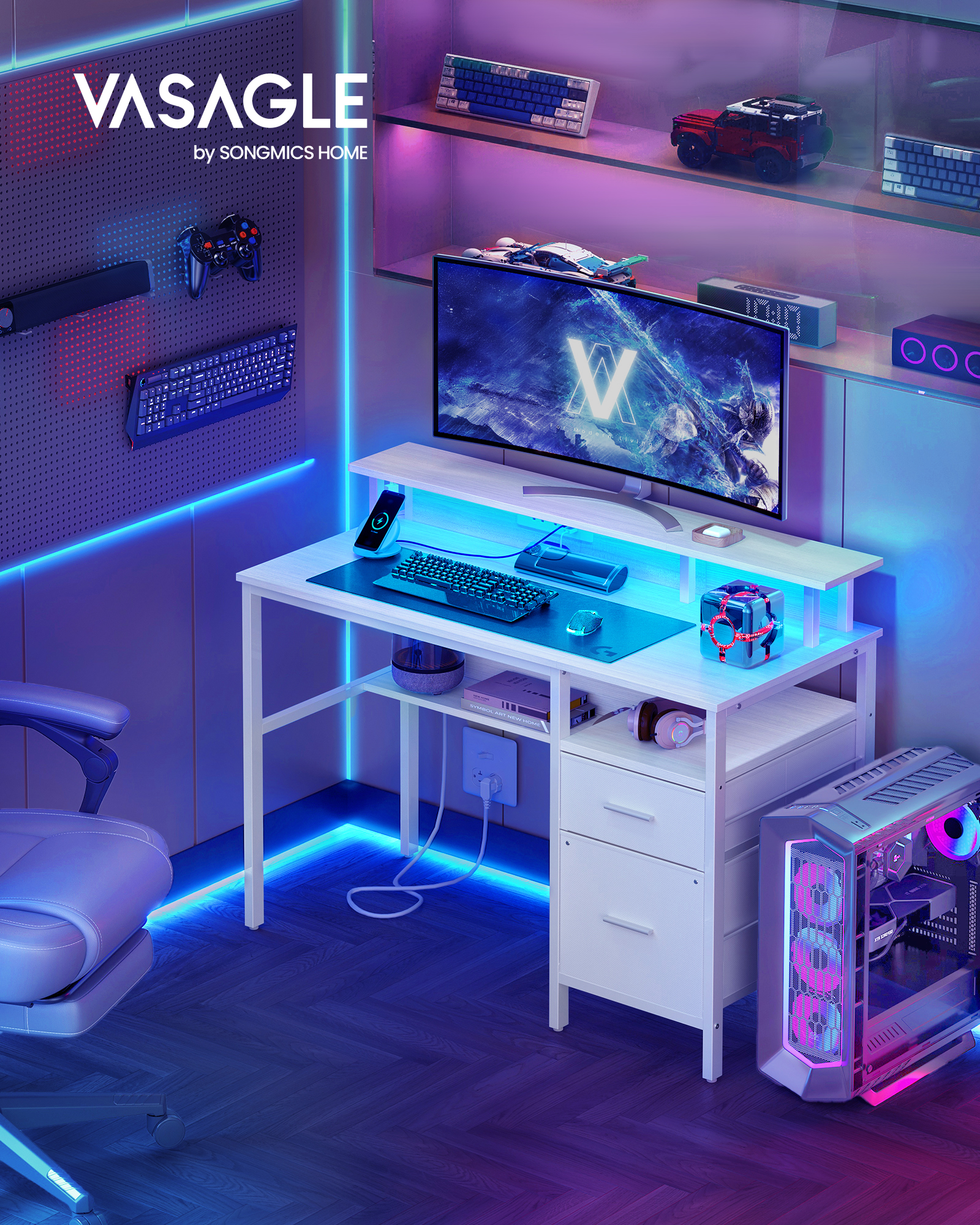 VASAGLE Computer Desk with Fabric Drawers, Study Desk, LED Lighting, 55 x 120 x 90 cm, Built-in Power Outlets, 2 USB-A Ports