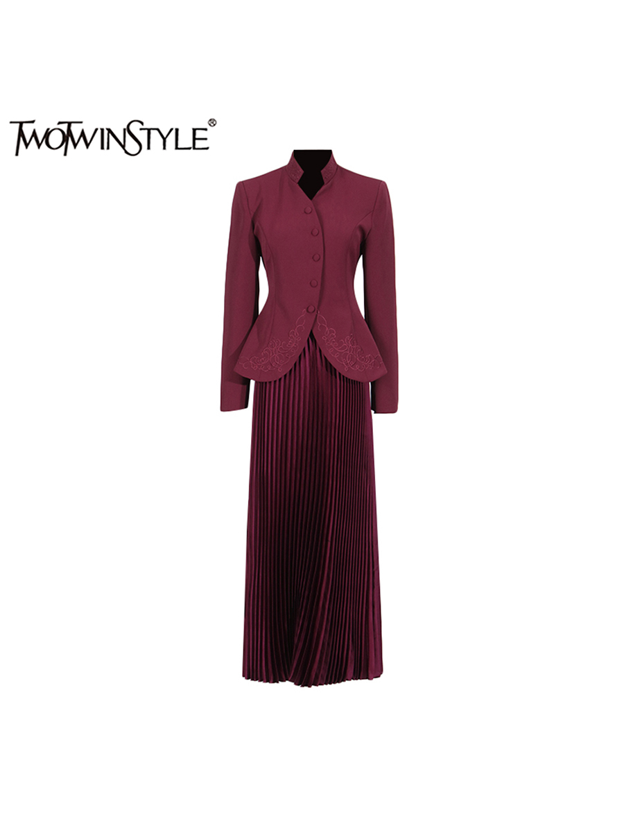 TWOTWINSTYLE Solidny, elegancki dwuczęściowy zestaw dla kobiet ze stójką i długim rękawem, zapinany na guziki, spódnica z wysokim stanem, damski nowy