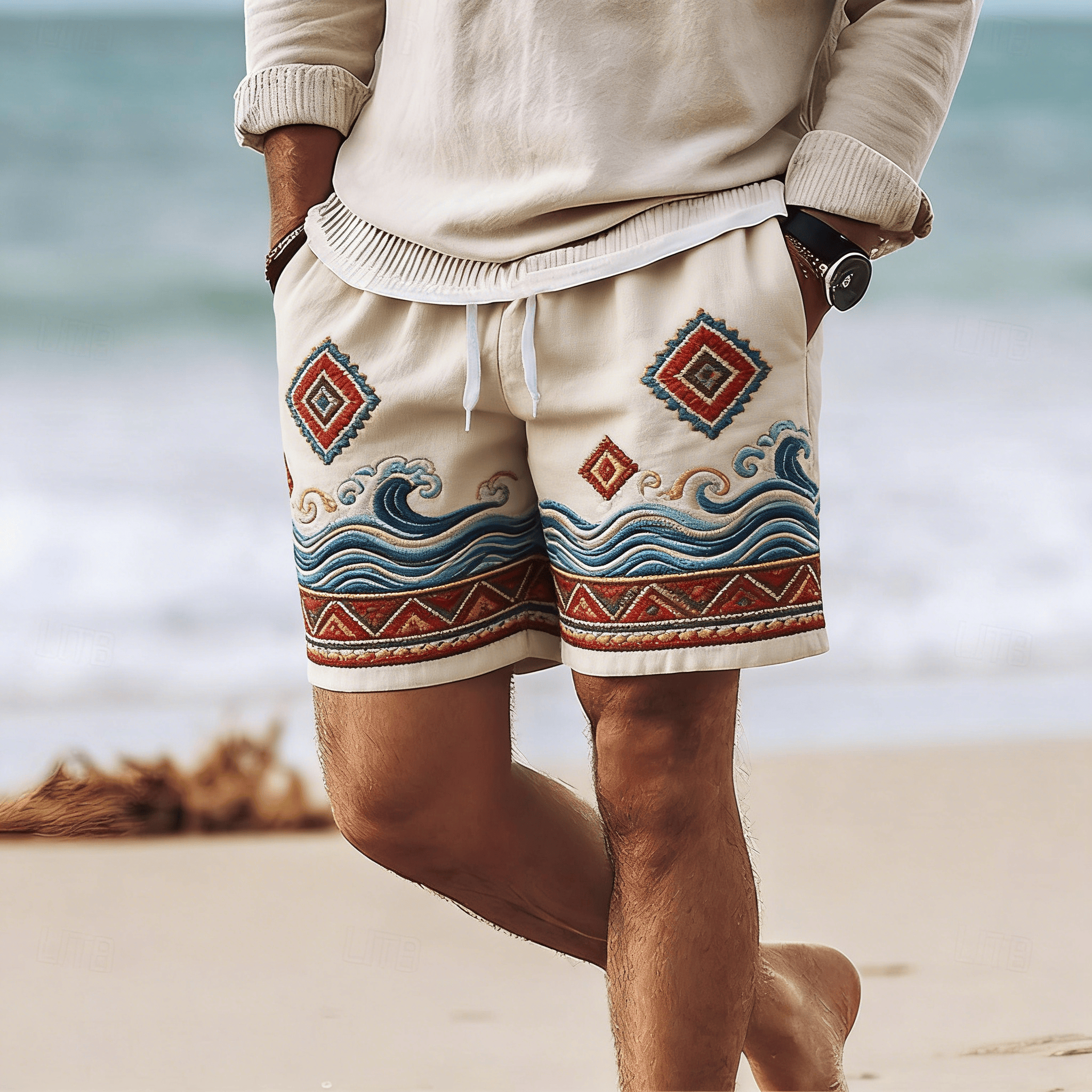 Herenshorts met trekkoord, etnische golven en diamantvormige 3D-patronen, perfect voor zomervakanties, strandshorts in Hawaiiaanse stijl