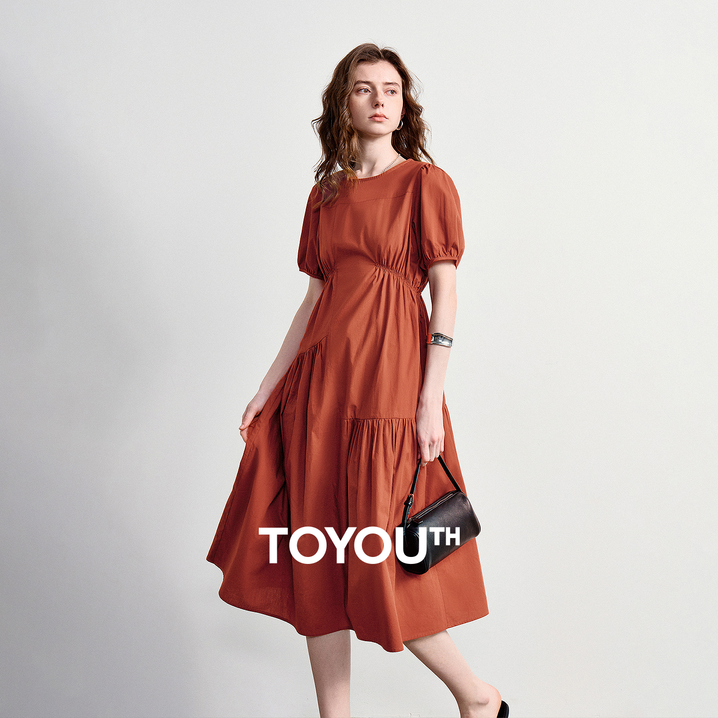 Vestido Feminino TOYOUTH 2026 Novo de Verão em Algodão Puro com Gola Redonda, Manga Bufante, Cintura Franzida e Saia Evasê - Vestidos Modernos