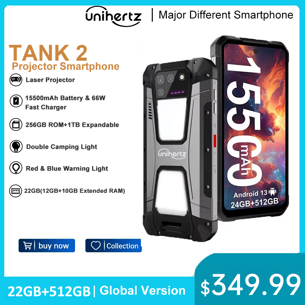 Unihertz TANK 2 Projetor de telefone 22GB 256/512GB 32MP 108MP 64MP Visão noturna Luz de acampamento dupla 15500mAh G99 Suporte TF SD NFC