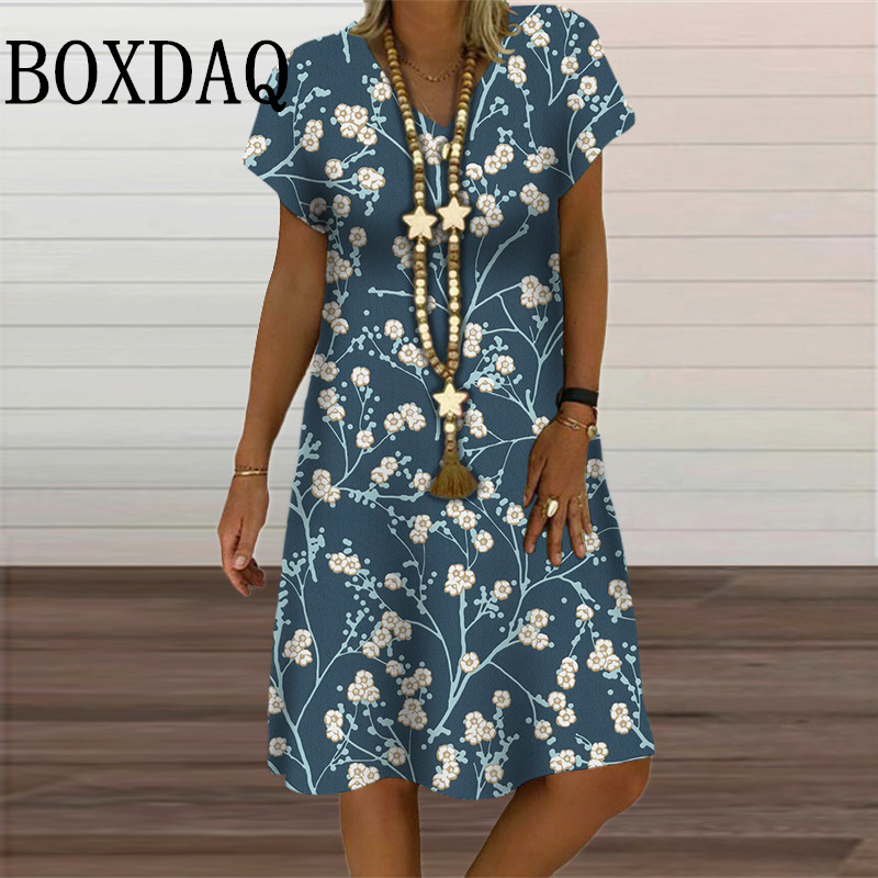 6XL Plus Size Dresses Women V-Neck Short Sleeve Floral Print A-Line Dress Casual Summer Retro Pullover Ladies Clothing Sundress