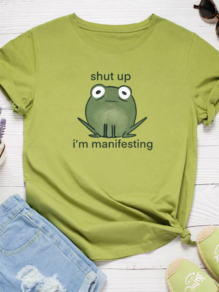 Camiseta con estampado de rana I'm Manifesting para Mujer, camiseta holgada de manga corta con cuello redondo para Mujer, camisetas para Mujer, ropa, Camisetas para Mujer