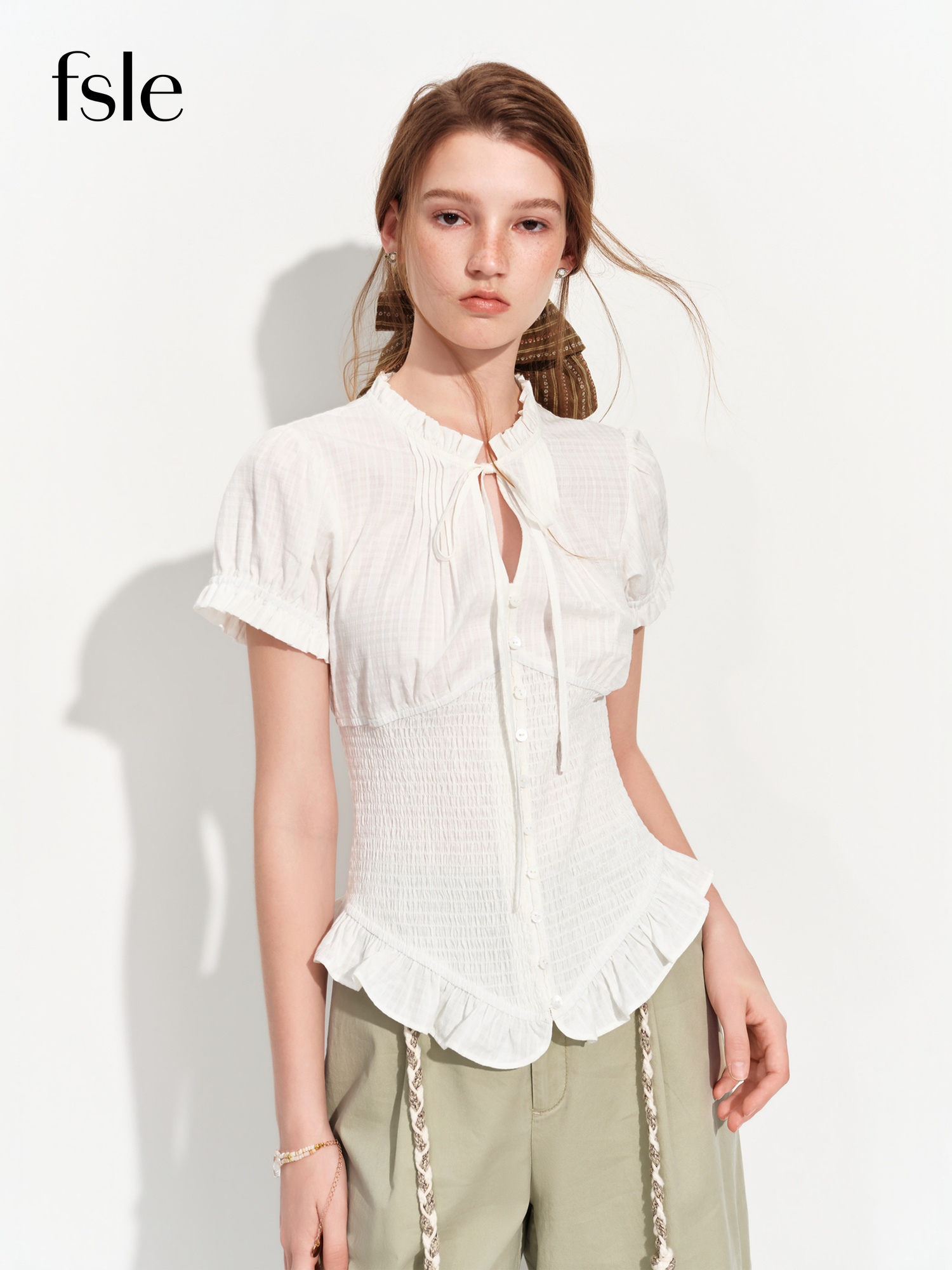 FSLE 2026 Sommer Damen Bluse mit französischen Rüschen, Bubble-Gaze-Oberteil mit geraffter Taille und kurzen Ärmeln für den Coquette-Büro-Stil