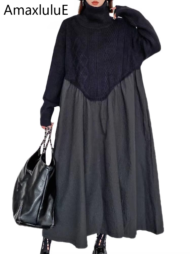Amax luluE 2024 Winter Vrouwen Mode Losse Gebreide Coltrui Casual Jurken Dames Luxe Elegante Vintage Katoen Zwart Vestidos