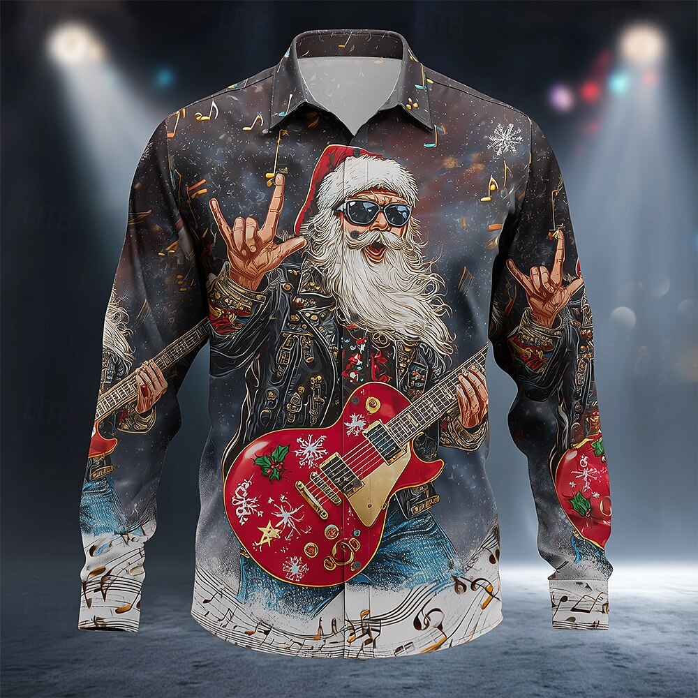 Camicia natalizia da uomo con chitarra rock di Babbo Natale Camicia abbottonata Manica lunga Divertenti regali di Natale Camicie con colletto con stampa 3D primaverile