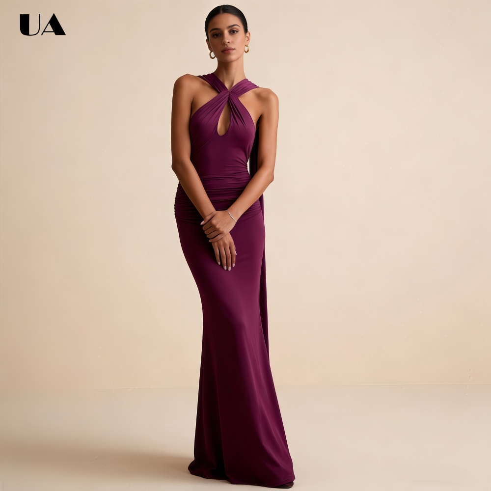 ULBYANRY Maßgeschneidertes Meerjungfrauen-Abendkleid mit ärmellosem Schal für Damen, sexy Cut-Out, rückenfreies Abendkleid, trendiges gerafftes Partykleid