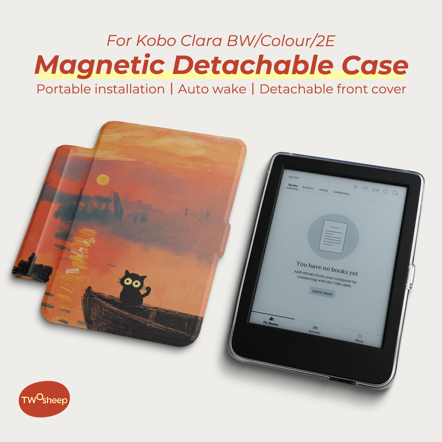 Twosheep suit for Kobo Clara BW Clara Colour Clara 2E 6inch Case Magnetic Detachable Cover Clear Back Monet Cute Cat Style