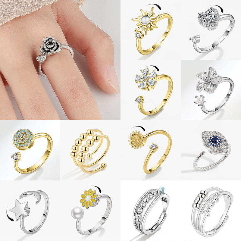 Cincin Fidget Spinner Fashion Mewah untuk Wanita, Kristal Bunga Matahari Bintang Bulan, Manik-manik Anti Stres Kecemasan, Perhiasan Putar 2026