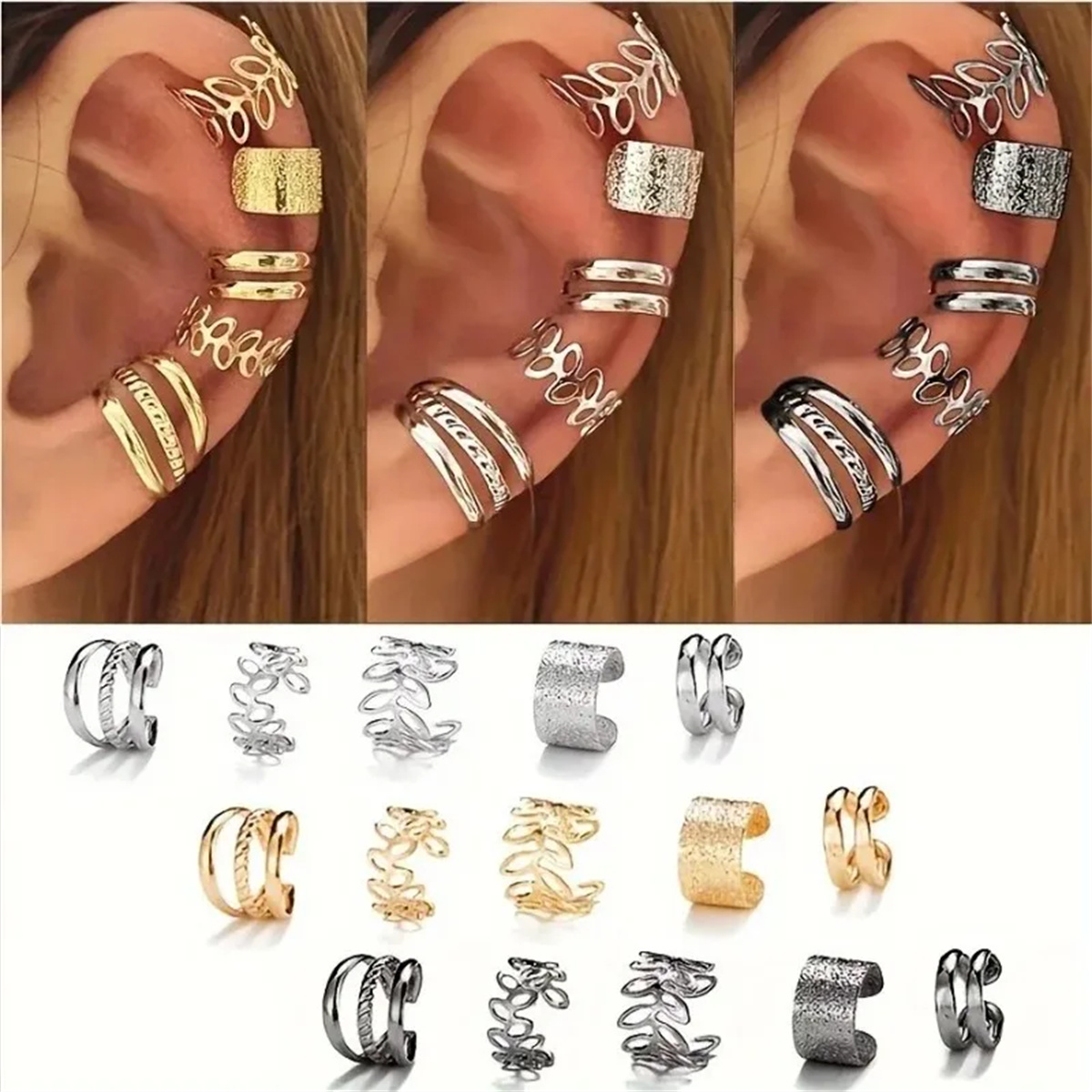 5/15 pçs conjunto de folha oca design clipe em brincos, jóias de liga de zinco simples doce personalidade estilo feminino orelha decoração presente