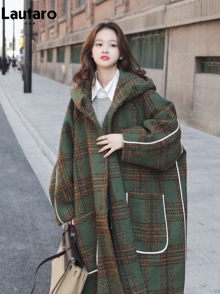 Lautaro-Trench Coats xadrez extragrandes com capuz feminino, patchwork branco quente, mistura de lã, longo, passarela, moda coreana, outono, inverno