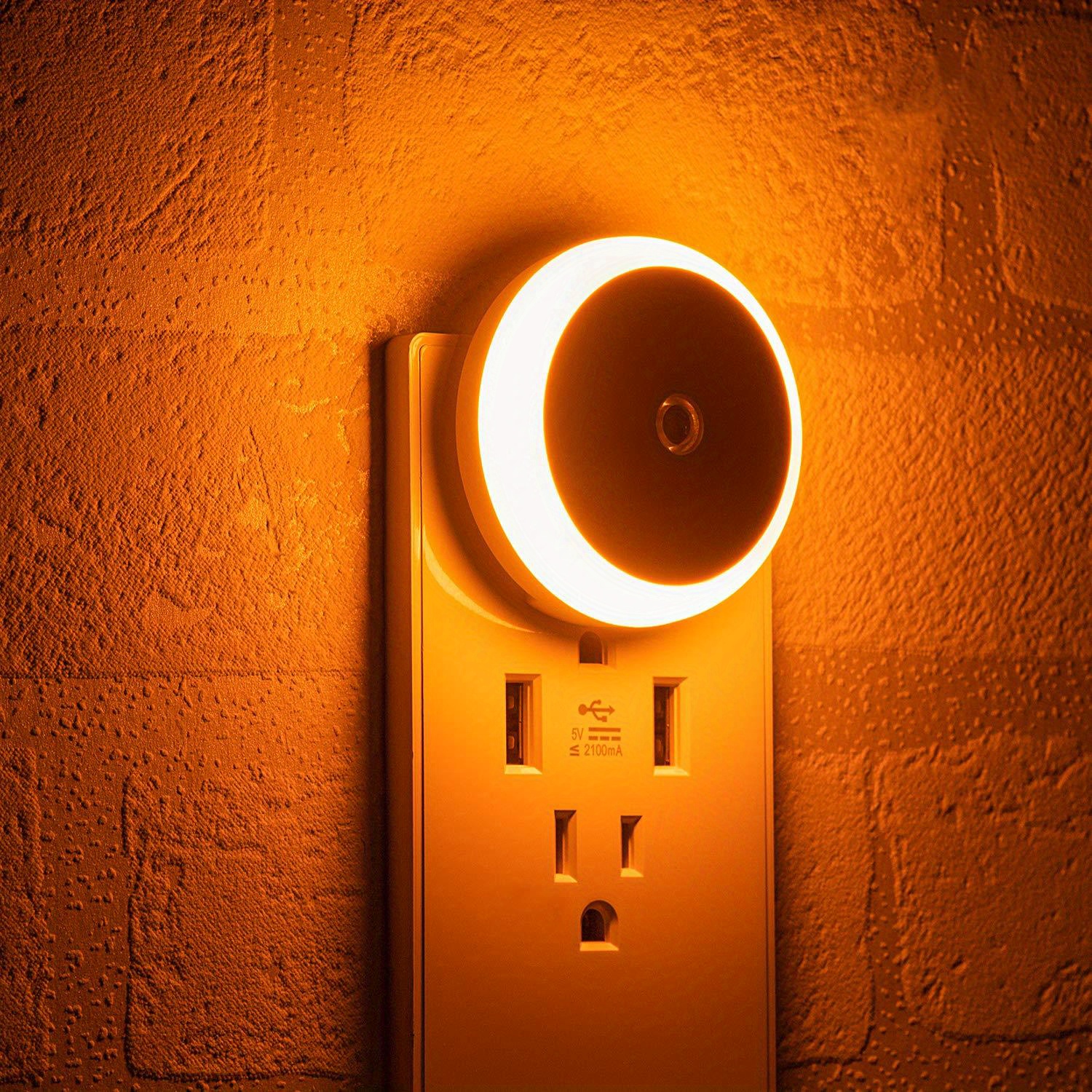 Luz LED nocturna enchufable con Sensor de atardecer al amanecer, luz nocturna de pared inteligente para baño, dormitorio, hogar, cocina, pasillo, lámpara redonda, 1 ud.