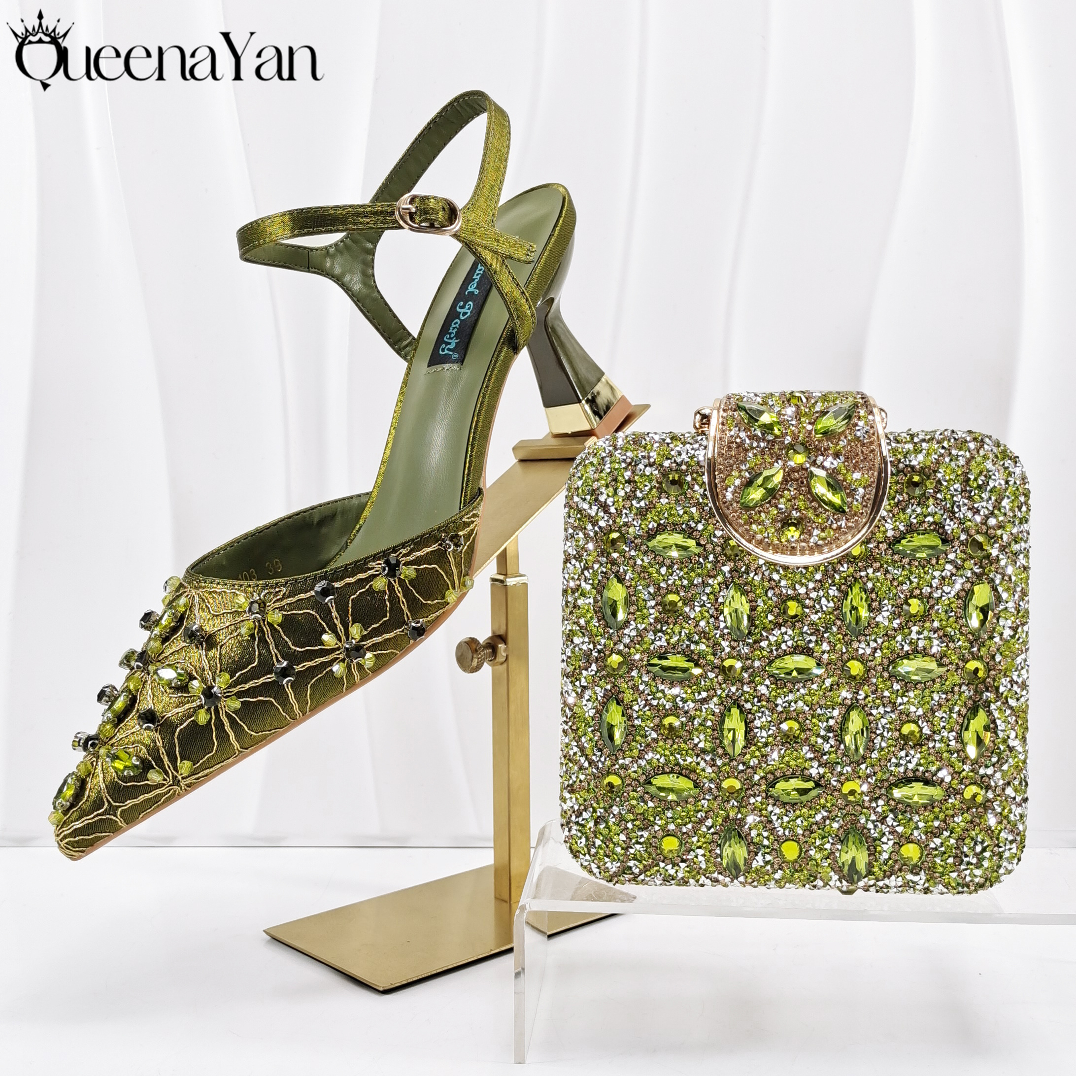 Elegante Set di Scarpe e Borsa da Donna Italiane di Alta Qualità con Design a Diamanti, Colore Oliva, per Matrimoni ed Eventi Speciali