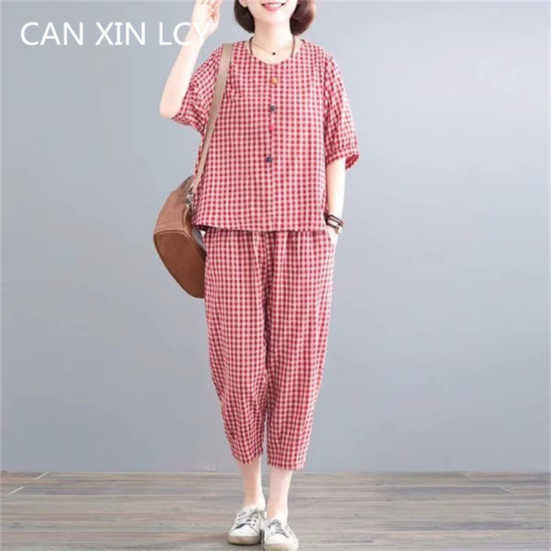 Set di due pezzi da donna di mezza età 2023 Summer Wear large Vintage Top Casual Cropped Pants Plaid Suit For Women Pants Set 4XL